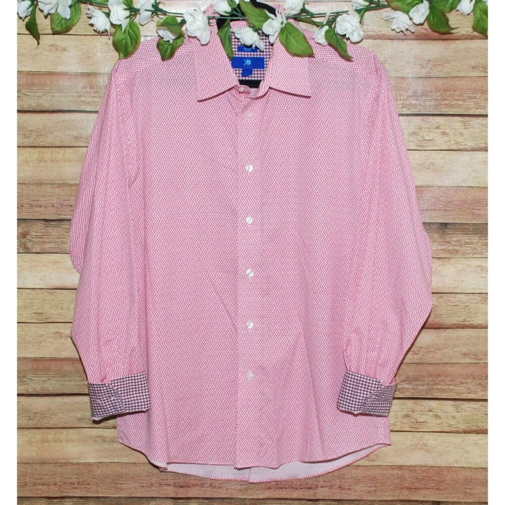 Egara Red Micro Floral Men's Shirt Size L Non Iron Contrast Flip Cuff Button Up